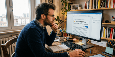 Man reviewing screen reading “AVVISO IMPORTANTE: Questo articolo è stato scritto dall’AI.”