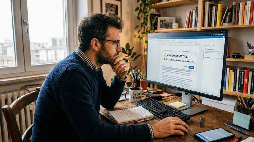 Man reviewing screen reading “AVVISO IMPORTANTE: Questo articolo è stato scritto dall’AI.”